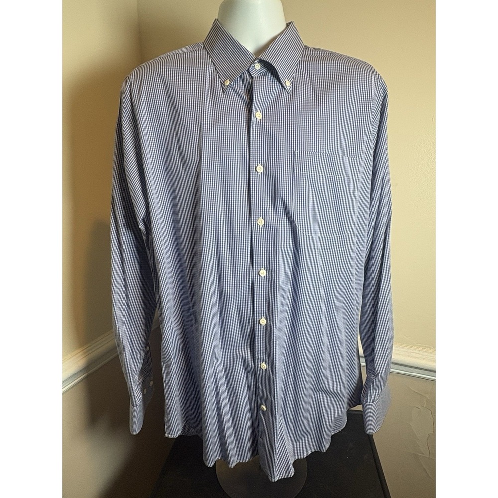 Peter Millar Crown Finish Mens Blue Check‎ Button Front Shirt Size L 100% Cotton